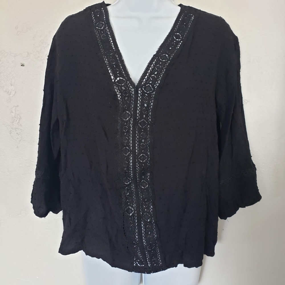 Black Long Sleeve Blouse Swiss Dot V-neck Girly Large